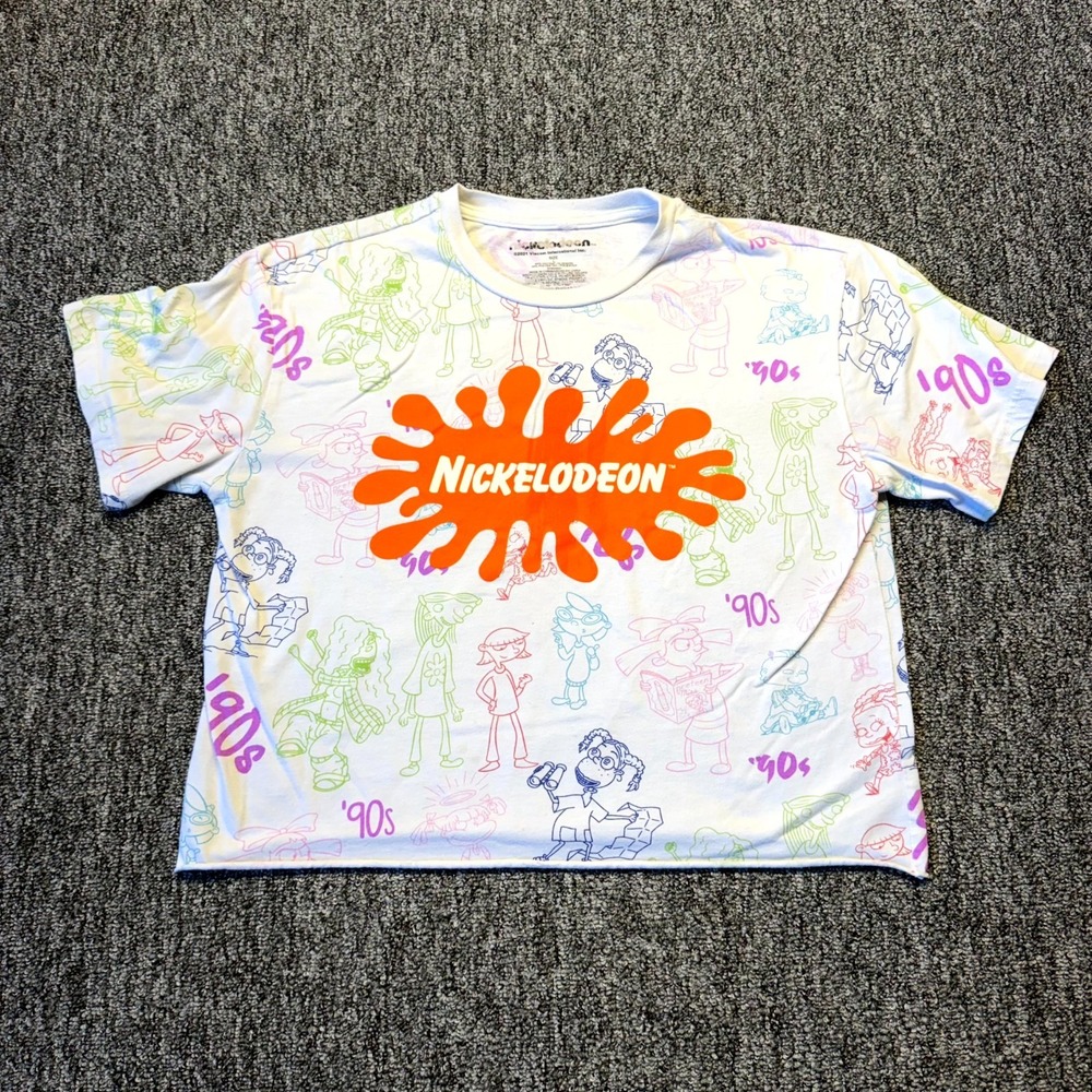 Nickelodeon Cropped Top Women's Large White 90s Cartoon All Over Print Raw Hem